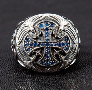 MEDIEVAL BLUE SAPPHIRE CROSS 925 STERLING SILVER MENS RING Sz 8.5 