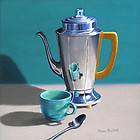 DANFORTH Deco Coffeepot And Cup 8x8 still life oil painting. More in 