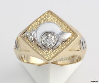 Genuine .17ct Diamond Shriners Ring   14k Yellow White Gold Band 8.7g 