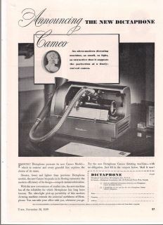 1939 VINTAGE DICTAPHONE MACHINE ANNOUNCING CAMEO PRINT AD