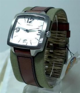 BRAND NEW MENS FOSSIL WIDE NYLON/LEATHER BAND GREEN/BROWN WATCH JR1195