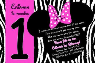 Pink or Purple Zebra Print Mickey & Minnie Mouse Birthday Invitations