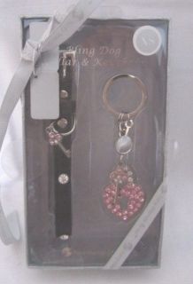   PINK BLING Extra SMALL TINY Dog DOGS Black Collar & Keychain Key Heart