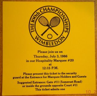1986 Wimbledon Tennis   Hospitality Marquee Pass Ticket   7/3/86