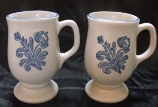 Pfaltzgraff Yorktowne Stoneware White Blue Footed Mug Set of 2 4 7/8