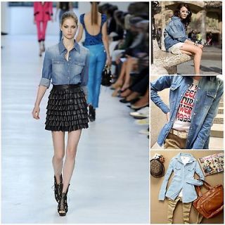 Girl Womens Retro Long Sleeve Top Jean Denim Vintage Shirt Tops Blouse 