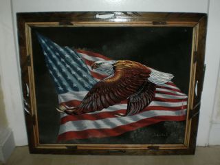   Black Velvet Painting American Flag Bald Eagle Signed by Sanchez