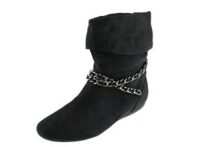 Report NEW Dana Black Faux Suede Embellished Chain Flat Ankle Boots 
