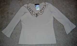 womens L shirt top blouse tan beaded v neck NWT $68OR stein 
