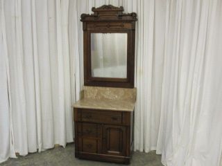Antique Eastlake Style Walnut Marble Top Washstand w Original Mirror 