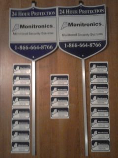 AUTHENTIC MONITRONICS SECURITY ALARM SYSTEM YARD SIGNS & 20 WINDOW 