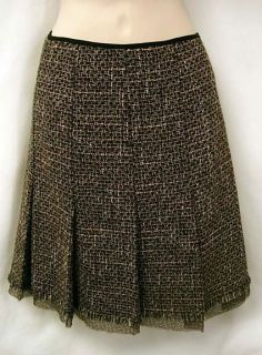 Elie Tahari Black Gray Brown Tan Wool Tweed Skirt Raw Edge Silk 