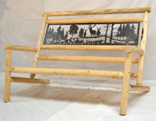 Metal Art Adirondack Lodgepole Pine Log Bench (Elk Scene)