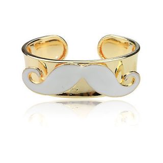 White Enamel Mustache Gracious 14K Gold Plated GP Cuff Bangle Bracelet 