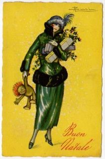 Busi Artwork Postcard Woman in Christmas Green w/ Presents & Golliwog