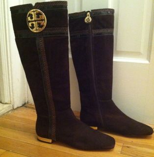 Womens Tory Burch Brand New Brown Suede Size 6.5 Tall Boots W/Gold 