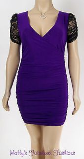 X57~SEXY PURPLE BLACK LACE BACK SLEEVES RUCHED Dress Plus Size XXL 2XL 