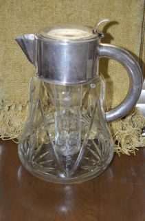 Vintage Etched Glass Pitcher / Carafe ~ w/ Plated Silver Top and ICE 