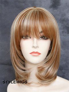 Human Hair Blend Straight w/ Bangs Heat Safe Blonde Mix Wig SAPR 27 