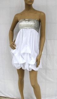 BL847DW WHITE PICK UP SKIRT SEQUIN SMOCKED STRAPLESS CLUBWEAR PARTY 