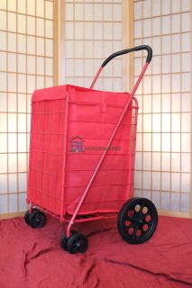   Large Folding Shopping Cart w Red Liner Swivel Rotating Wheels Laundry