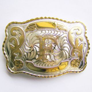 Initial F Letter Large Gold & Silver Rodeo Western Cowboy Metal Belt 