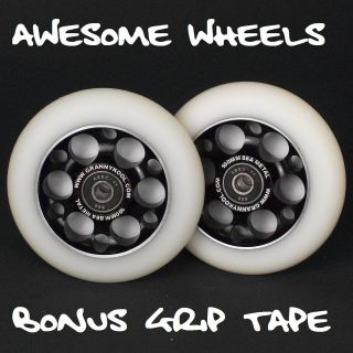 Black White Drilled Metal Core Scooter Wheels x2 incl ABEC 11 + Grip 
