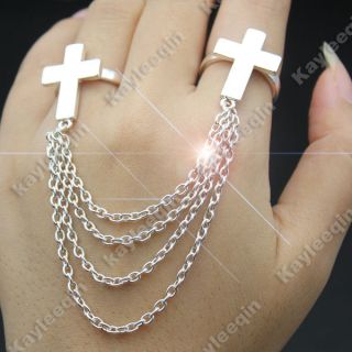 Fab Silver Double Cross Crucifix Chain Tassels Finger Ring Festival 