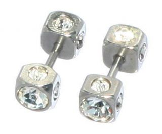 Fake square ear plugs earrings silver finish and simulated diamonds 