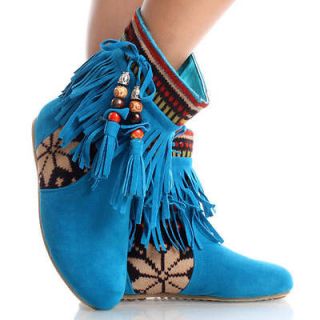Blue Suede Tribal Fringe Fair Isle Tassel Womens Flat Ankle Boots Size 