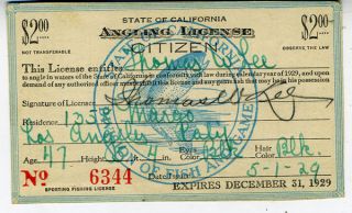 1929 State of California Fishing Anglers License w/ Jumping Fish