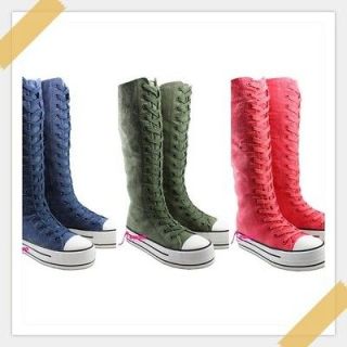   Girls Canvas Sneakers Punk Flat Tall Boots Knee High Lace Front Shoe