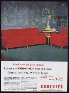1953 Kroehler Furniture Sofa Chair Nylon Fabric Print Ad