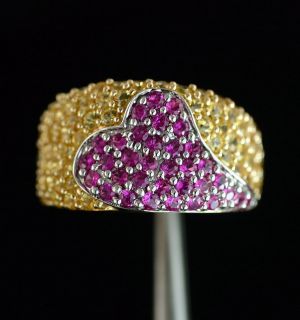 Unique 14K Yellow Gold Multi Colored Pink Heart Yellow Sapphire Ring 