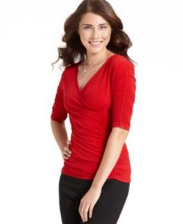Style&co. Petite Top, Three Quarter Sleeve Lace Cowl Neck   Womens 