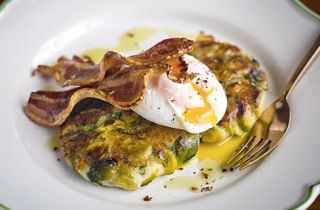 Bubble and squeak cakes with brussels sprouts