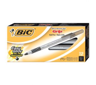 BIC Round Stic Grip Medium Point Ballpoint Pens, 12 Black Ink Pens