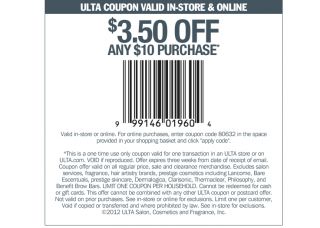 ULTA COUPON VALID IN STORE and ONLINE. $3.50 Off any $10 purchase 