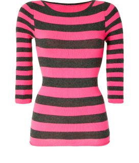 Dear Cashmere Pink/Grey Striped 3/4 Sleeve Cashmere Blend Carmen 