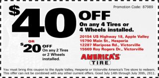 40 Off on any 4 Tires or 4 Wheels installed. $20 Off on any 2 Tires 