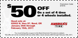 50 Off When You Buy a Set of 4 Tires or Wheels installed. You must 
