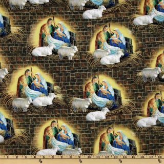 Away In A Manger Scene Yellow/Blue   Discount Designer Fabric 
