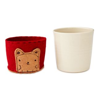 CERAMIC CUPS WITH FELT APPLIQUE COZIES  handmade sleeve 