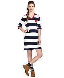 Three quarter sleeve pure cotton striped rugby dress. V neck. Roll up 