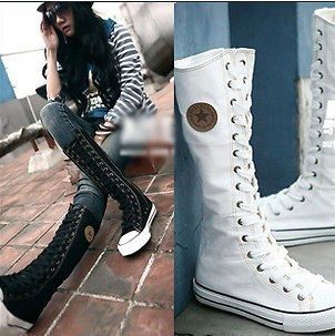 Womens Ladies Girls Classic Punk Lace up knee High Canvas Boots 