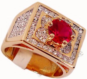 Mens Red Ruby CZ Splash Italian Design Gold Plated Ring