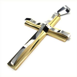   Silver Gold 2 Tone Stainless Steel Cross Pendant Mens Necklace C19198