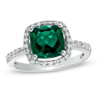 0mm Cushion Cut Lab Created Emerald and White Sapphire Frame Ring in 
