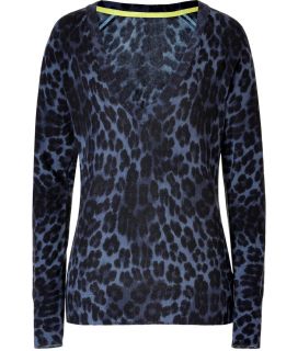 Juicy Couture Echo Blue Leopard V Neck Wool Cashmere Pullover  Damen 