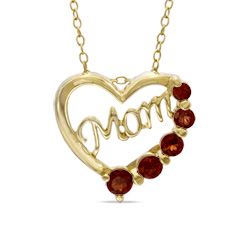 Garnet Five Stone Heart MOM Pendant in Sterling Silver with 18K Gold 